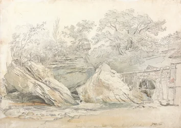 Wassermühle in einer felsigen Landschaft